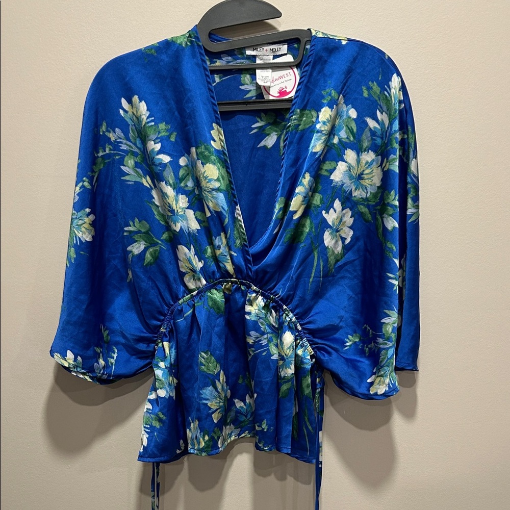 Elegant Floral Blue Wrap Style Blouse